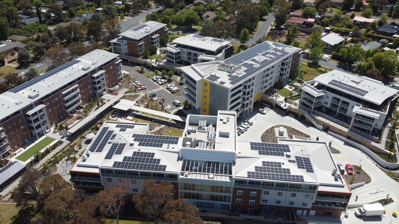 Aerial of Goodwin Farrer rooftop solar arrays