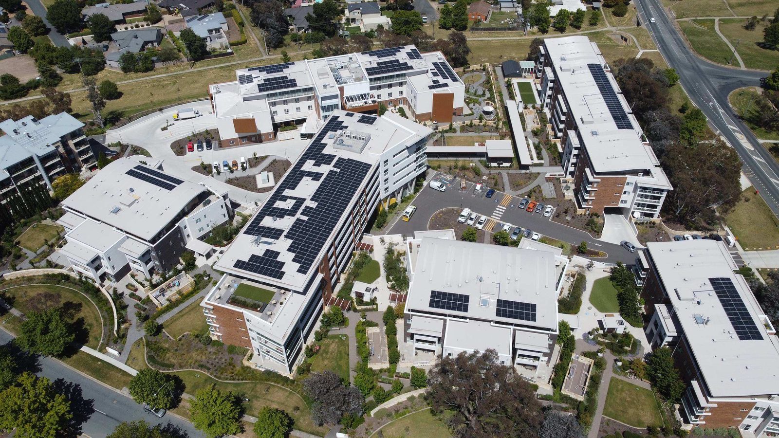 Aerial of Goodwin Farrer buildings with rooftop solar