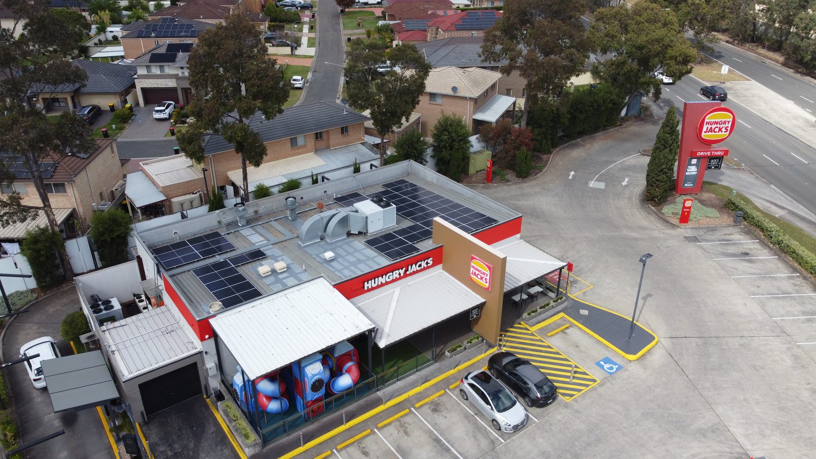 Hungry Jack's restaurant with rooftop solar on a metal roof