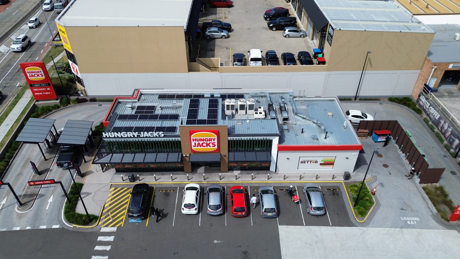 Hungry Jack's restaurant with rooftop solar on a metal roof